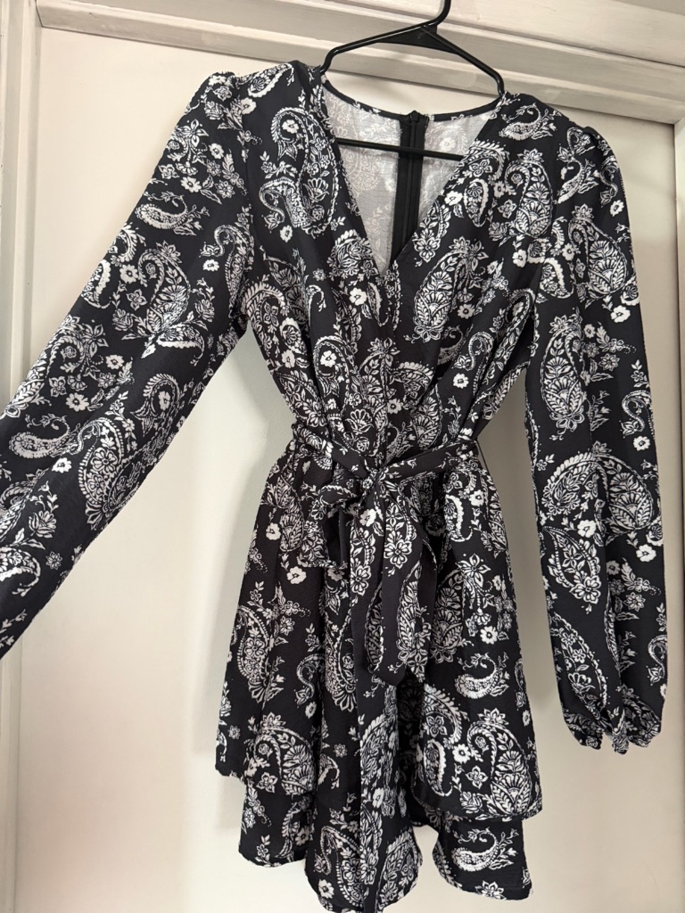 Black Paisley Long-Sleeve Wrap Dress with Tie Waist